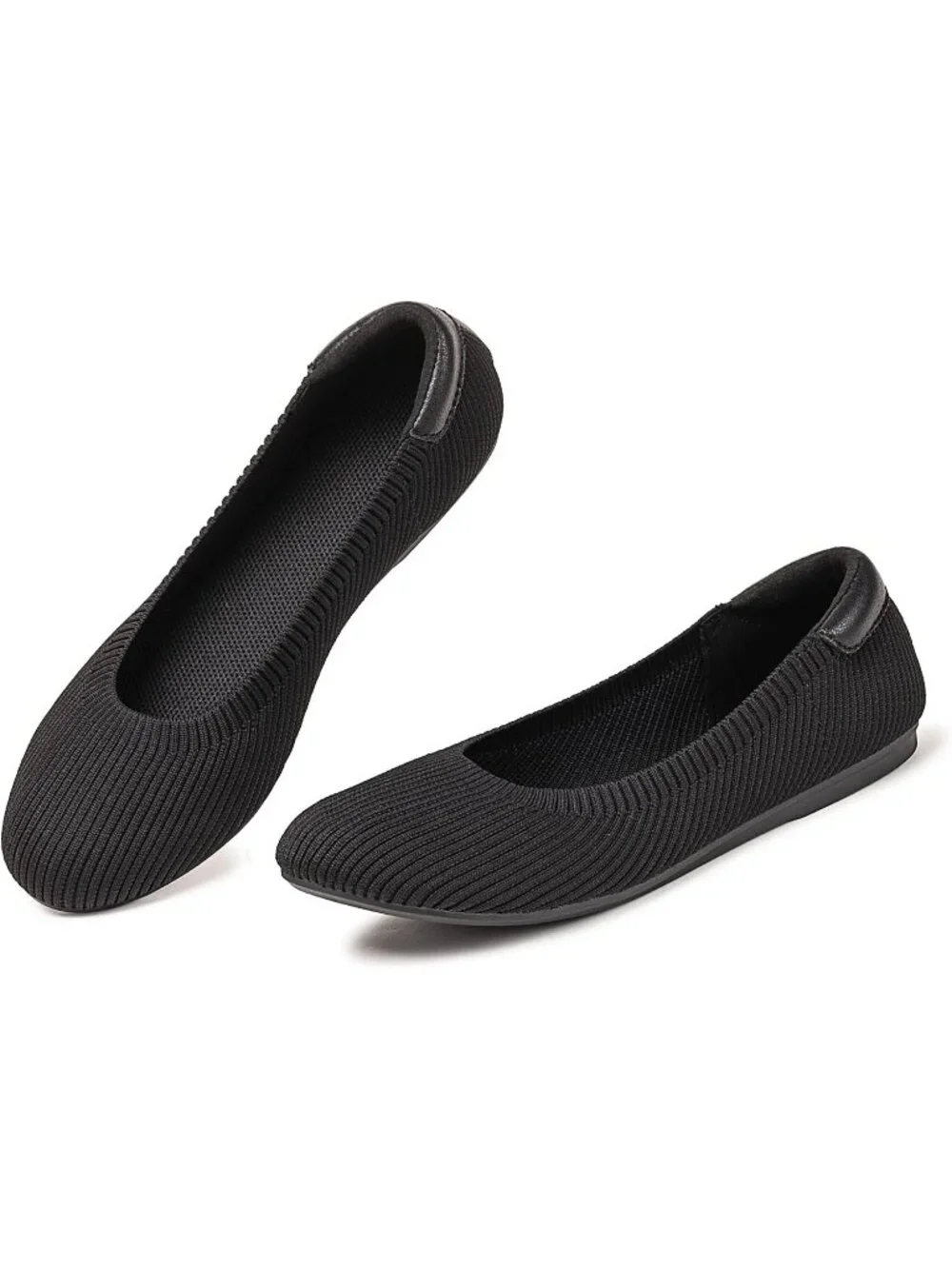 Women's All Black Round Toe Knit Low Wedge Slip On Ballerina Ballet Flat Shoes